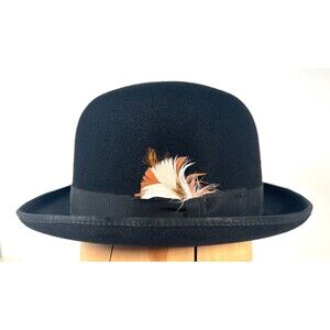 Dobbs Fifth Avenue Wool Black bowler Hat Size 7 1/4 R W/ Feather New York Derby